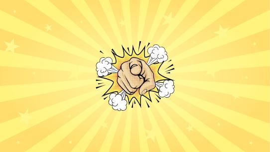 A punching fist in a starburst