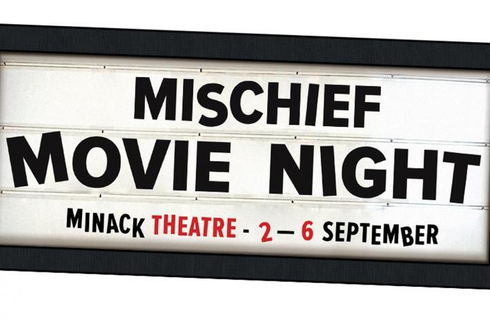 Old fashioned movie signboard announcing Mischief Movie Night