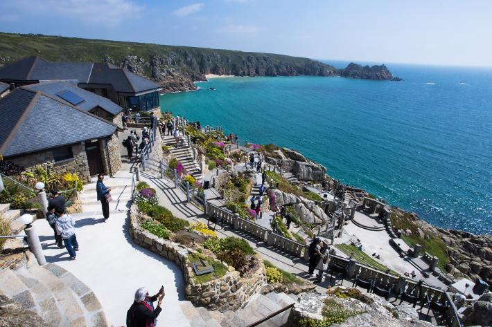 The Minack Theatre wide view with Porthcurno Bay