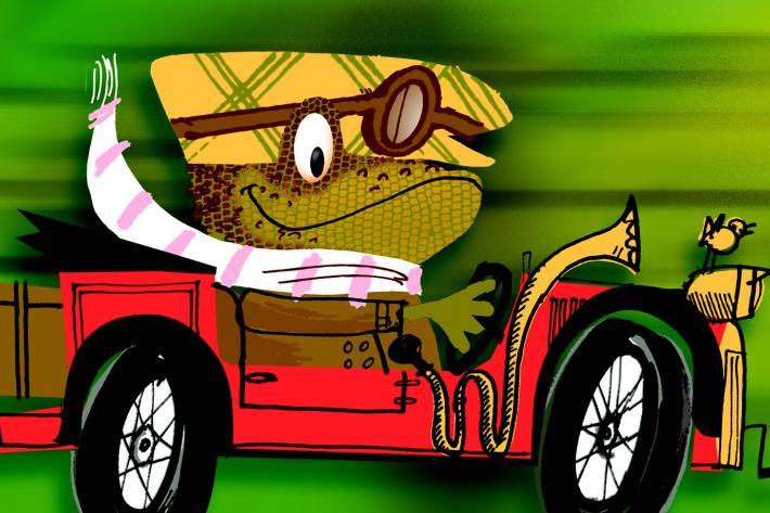 Cartoon image of Mr Toad driving a fast sports car