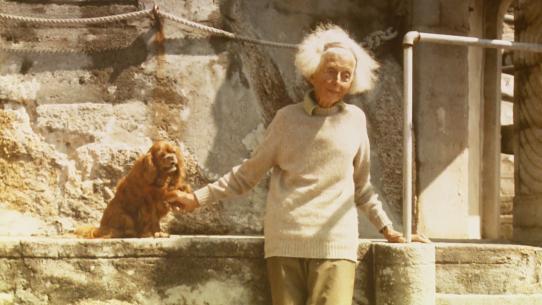 Rowena Cade in the theatre with one of her spaniels